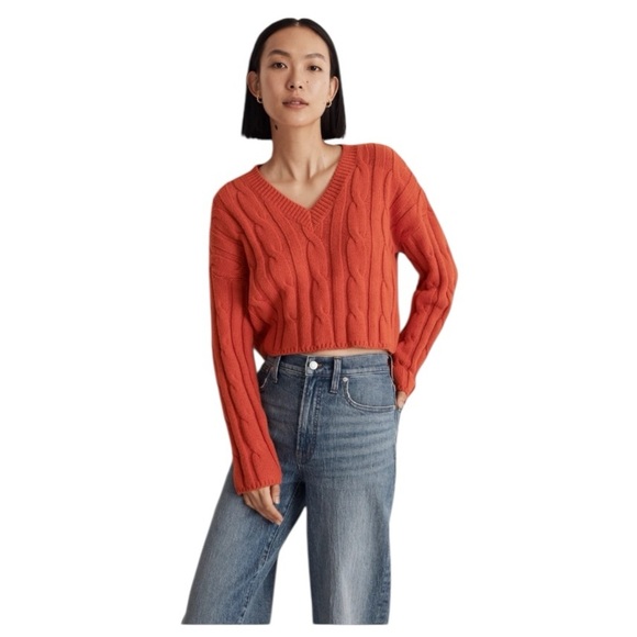Madewell Cable-Knit V-Neck Crop Sweater Roasted Squash Orange M - Picture 1 of 5